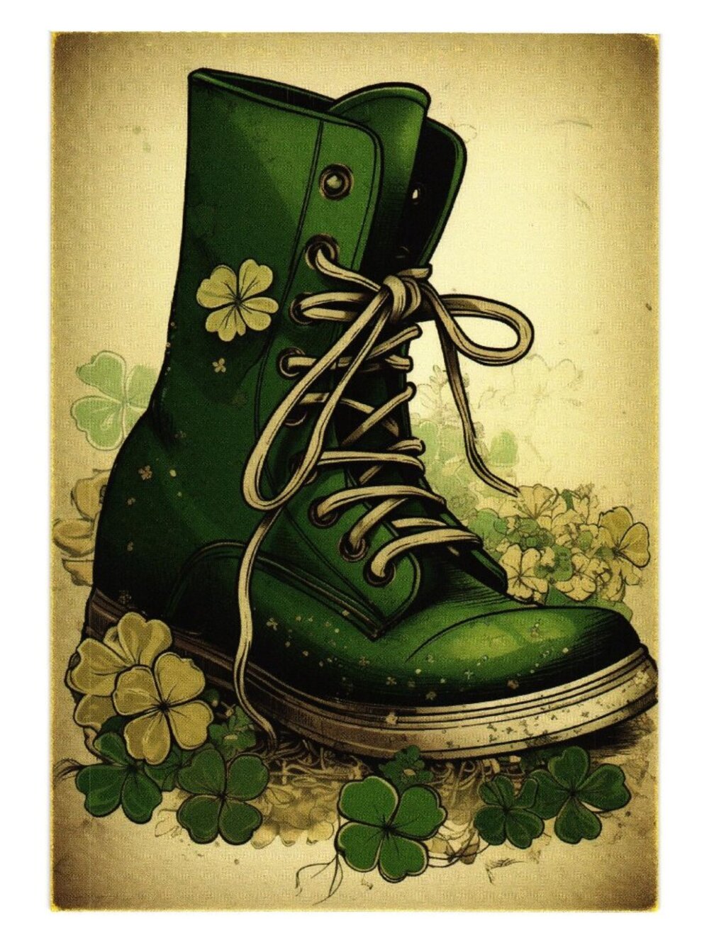 Lucky Green Shamrock Print Combat Boot Artwork Art Card Irish Postcard Blank